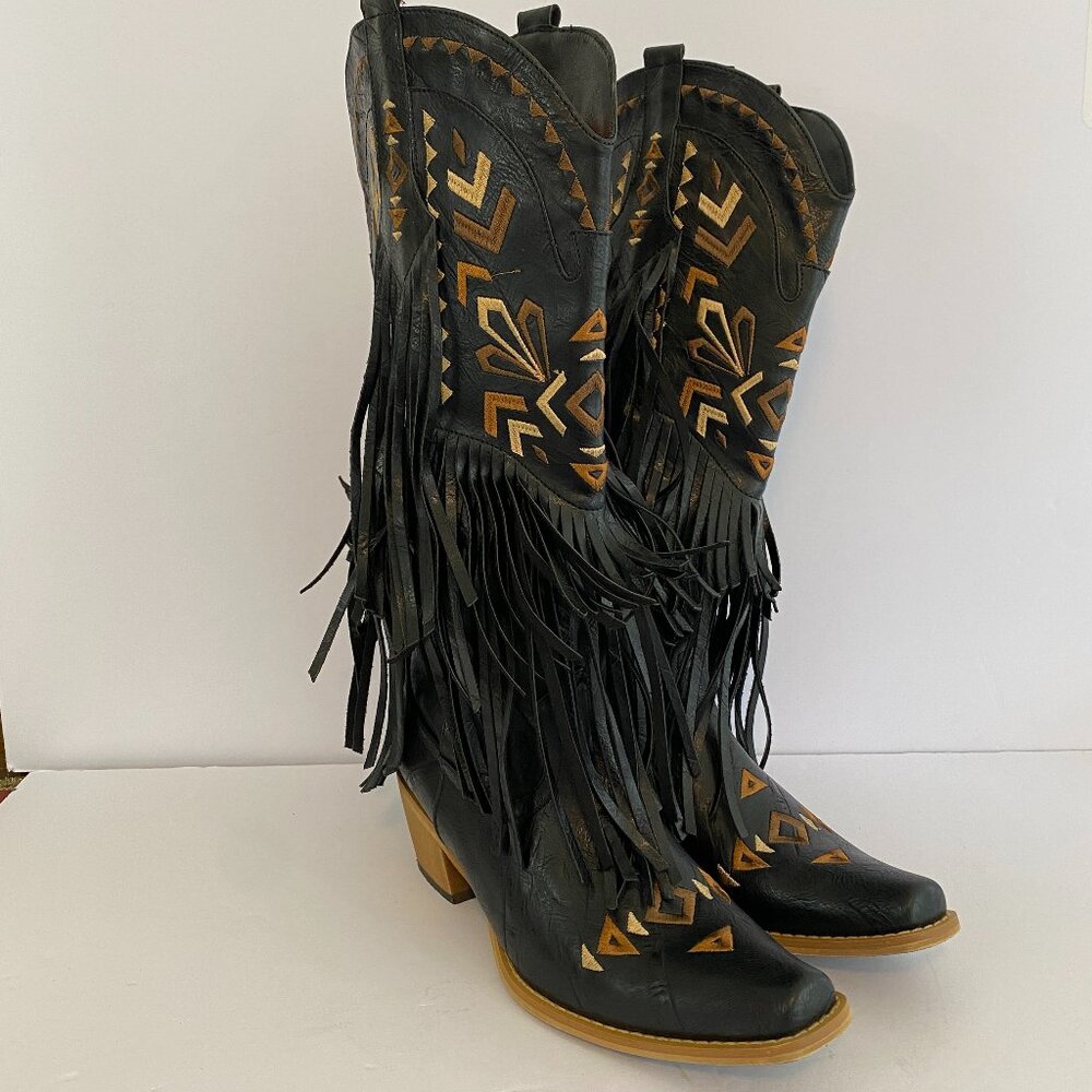 Sarairis Fringe Knee High Cowboy Boots Black & Brown Womens 7